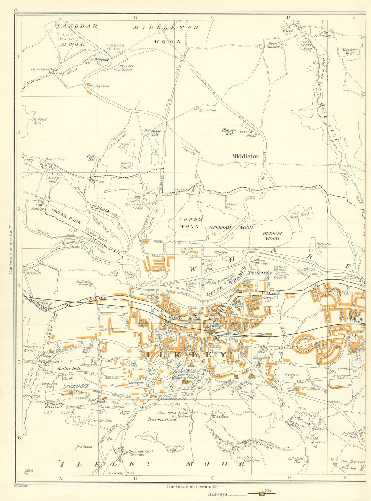 ILKLEY Middleton Moor Coppy Wood Green Grass Wood Ben Rhydding 1935 old map
